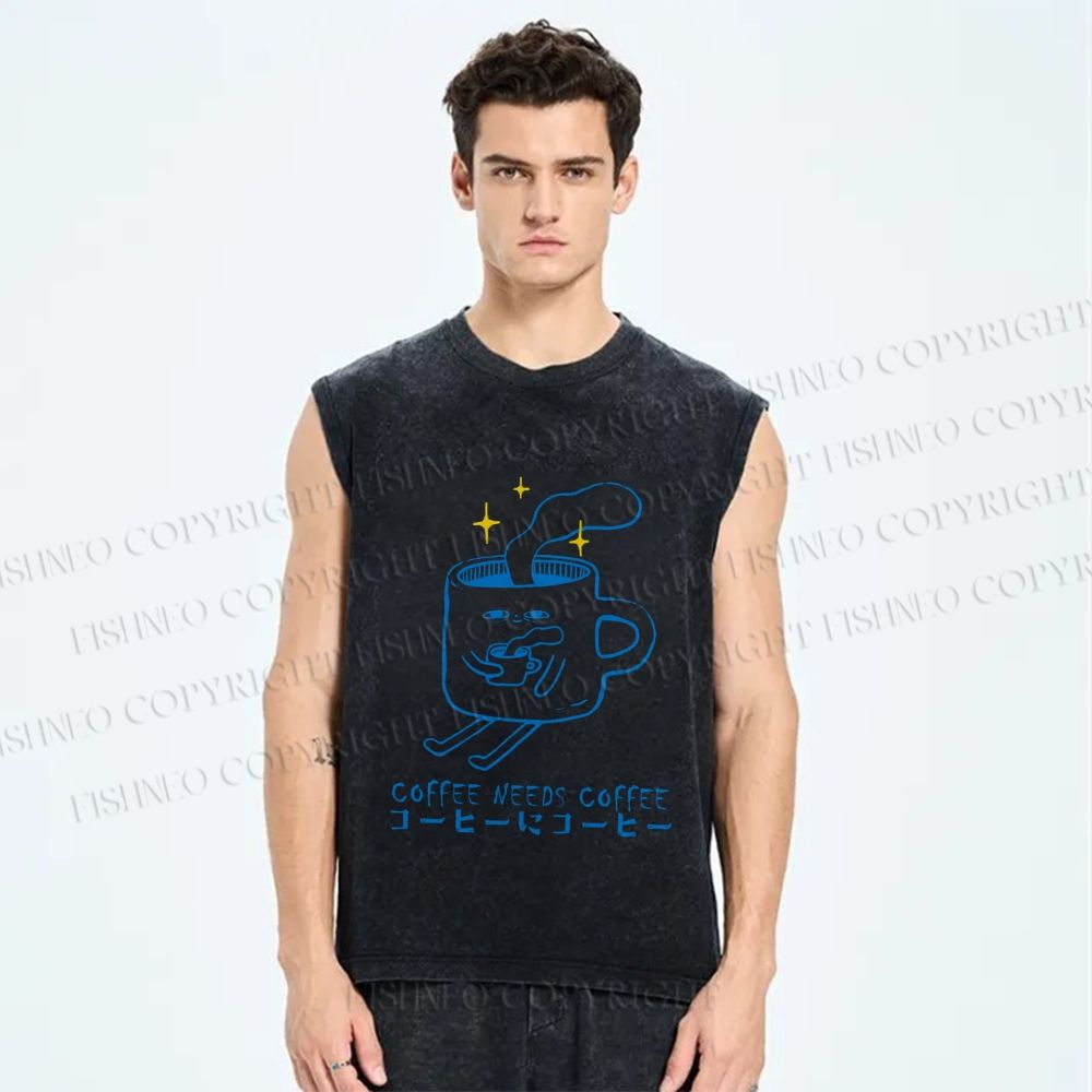 Unisex Coffee Needs Coffee Japanese Printed Washed Tank Top
