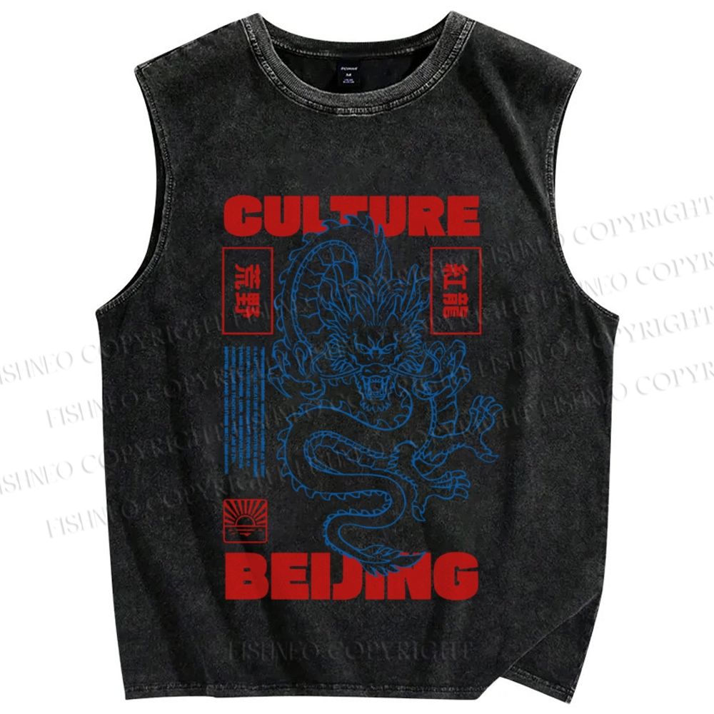 Unisex Vintage Dragon Loong Printed Washed Tank Top