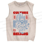 Unisex Vintage Dragon Loong Printed Washed Tank Top