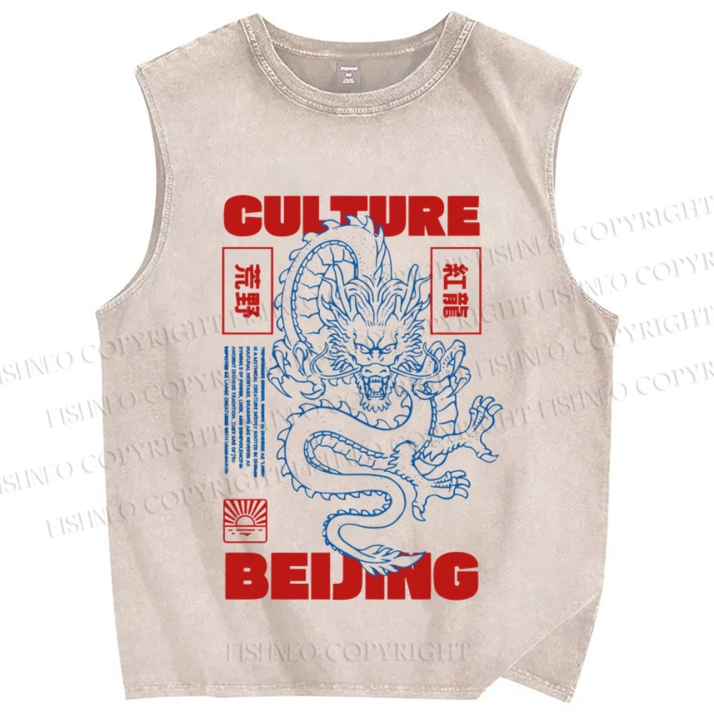 Unisex Vintage Dragon Loong Printed Washed Tank Top