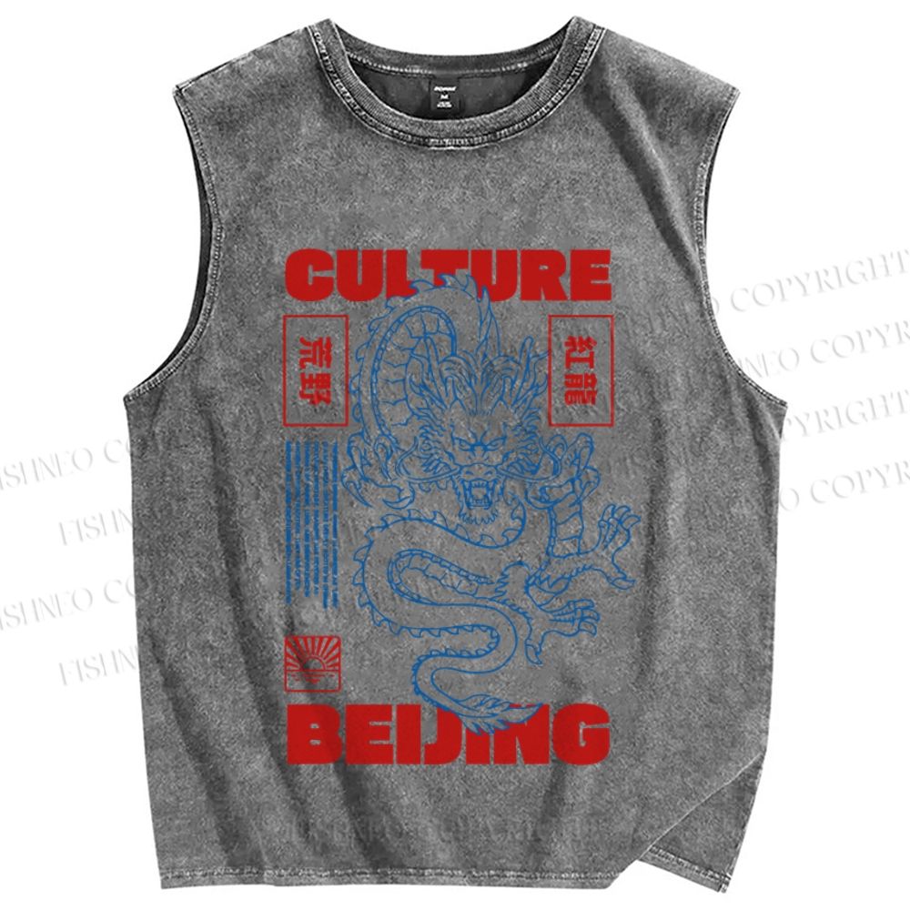 Unisex Vintage Dragon Loong Printed Washed Tank Top