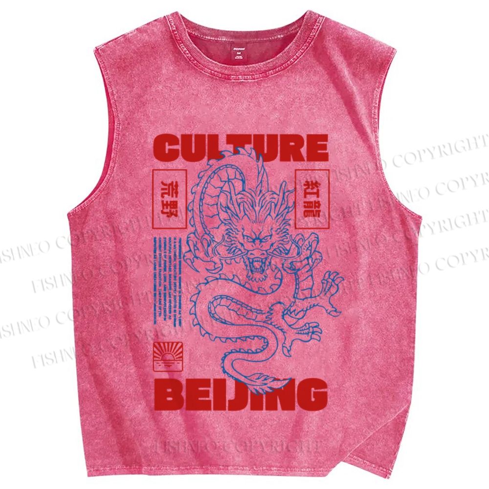 Unisex Vintage Dragon Loong Printed Washed Tank Top