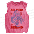 Unisex Vintage Dragon Loong Printed Washed Tank Top