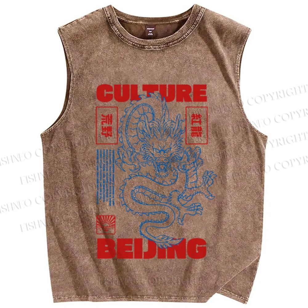 Unisex Vintage Dragon Loong Printed Washed Tank Top