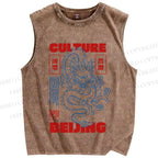 Unisex Vintage Dragon Loong Printed Washed Tank Top