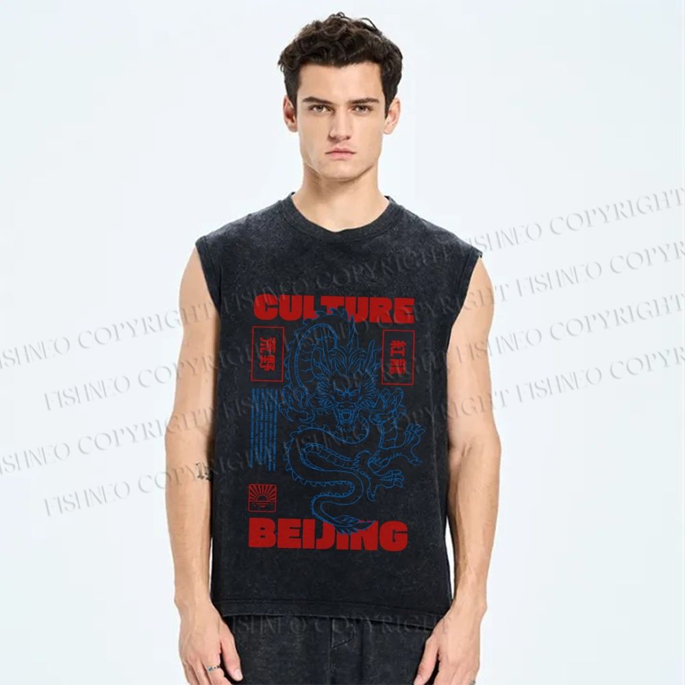 Unisex Vintage Dragon Loong Printed Washed Tank Top