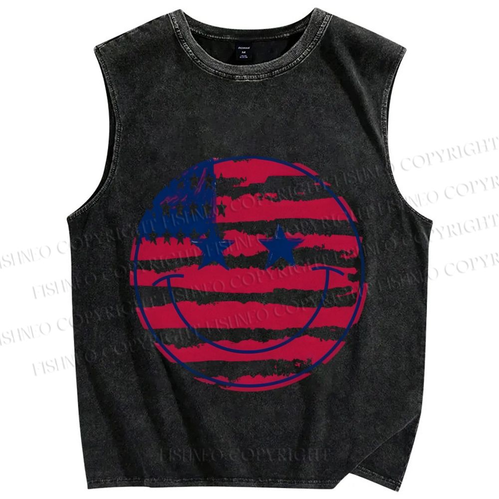 Unisex Smile Face Independence Day Printed Washed Tank Top