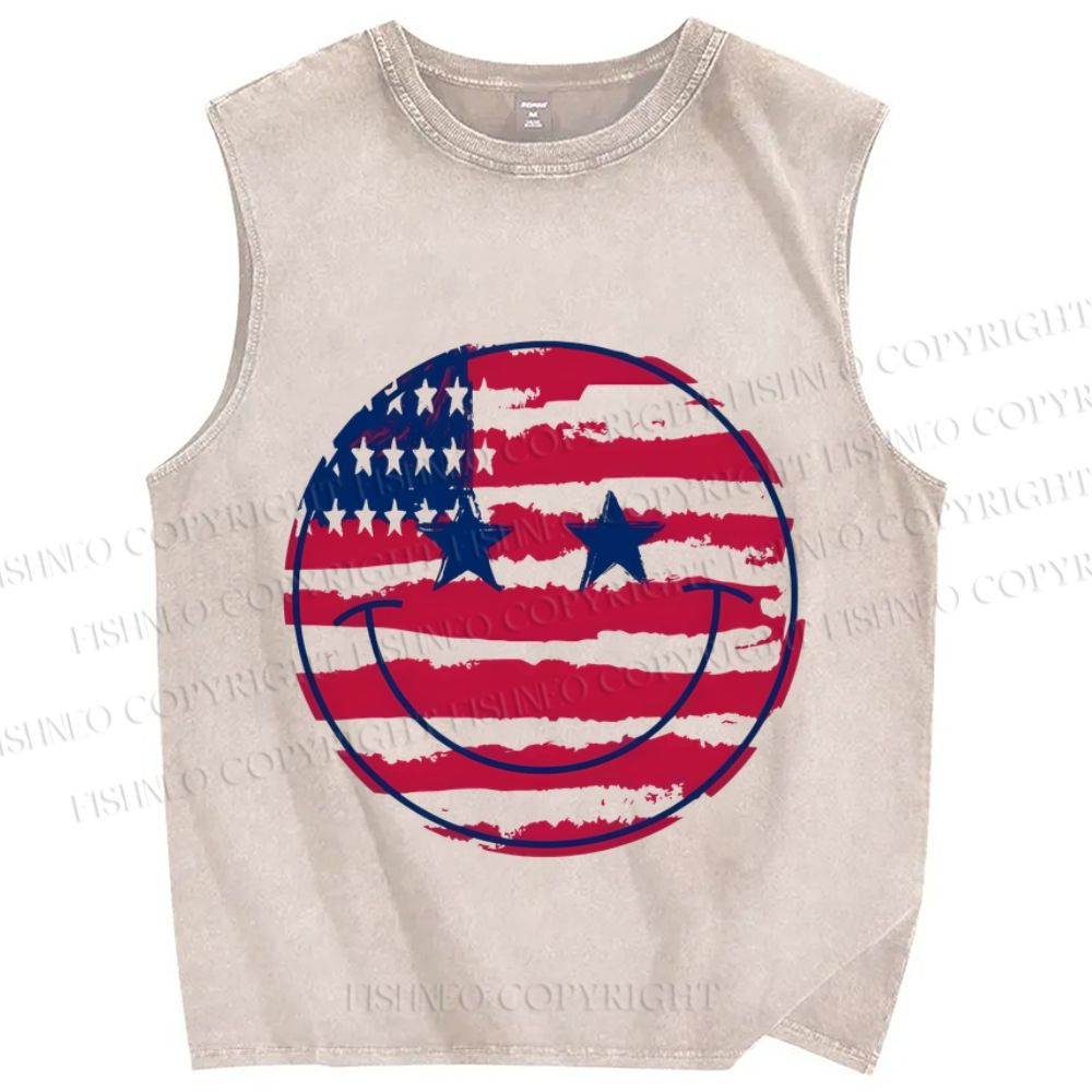 Unisex Smile Face Independence Day Printed Washed Tank Top