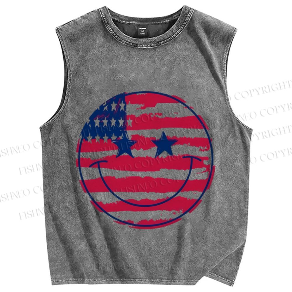 Unisex Smile Face Independence Day Printed Washed Tank Top