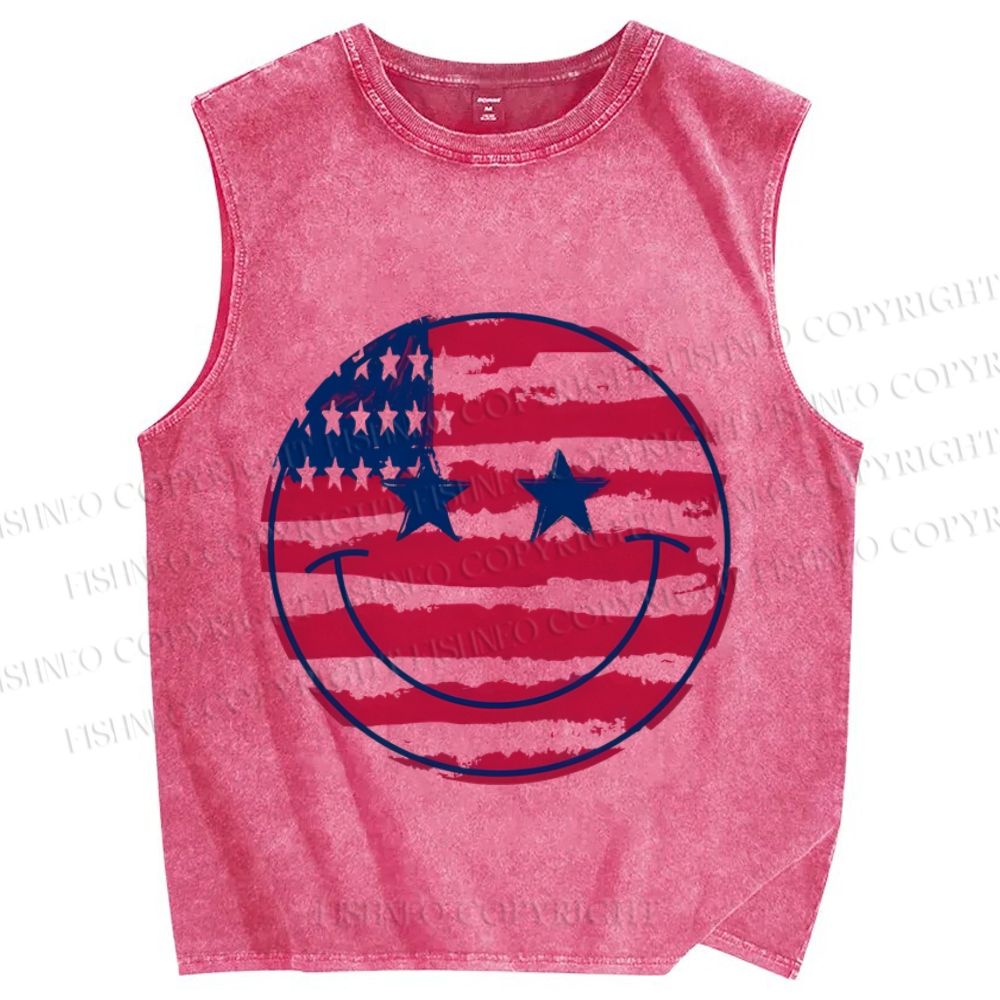 Unisex Smile Face Independence Day Printed Washed Tank Top