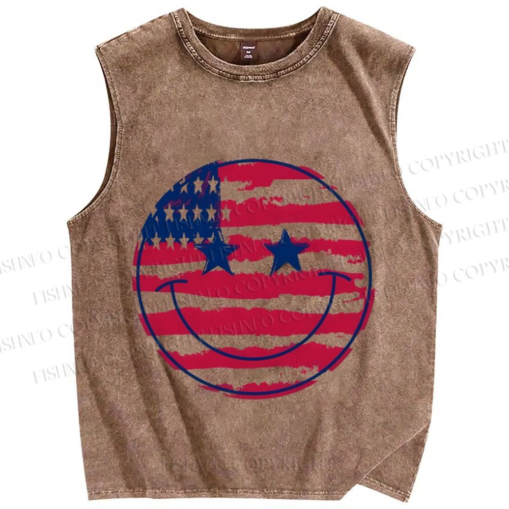 Unisex Smile Face Independence Day Printed Washed Tank Top