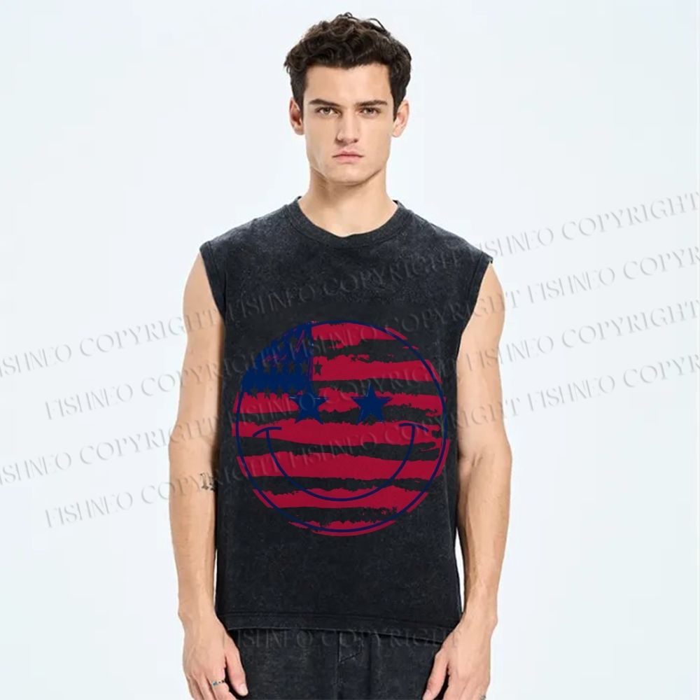 Unisex Smile Face Independence Day Printed Washed Tank Top
