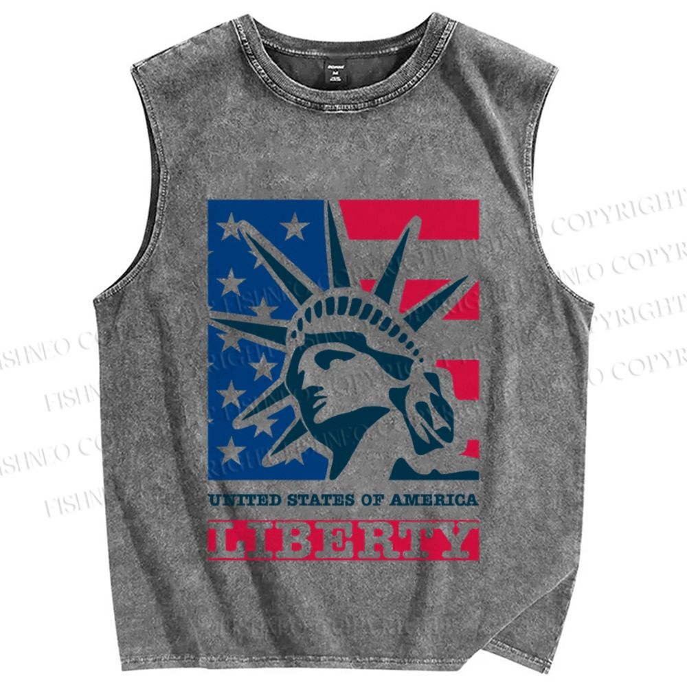 Unisex Statue of Liberty Independence Day Printed Washed Tank Top