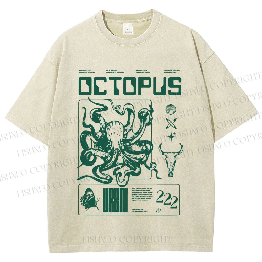 Unisex Vintage Octopus Printed Washed Tee