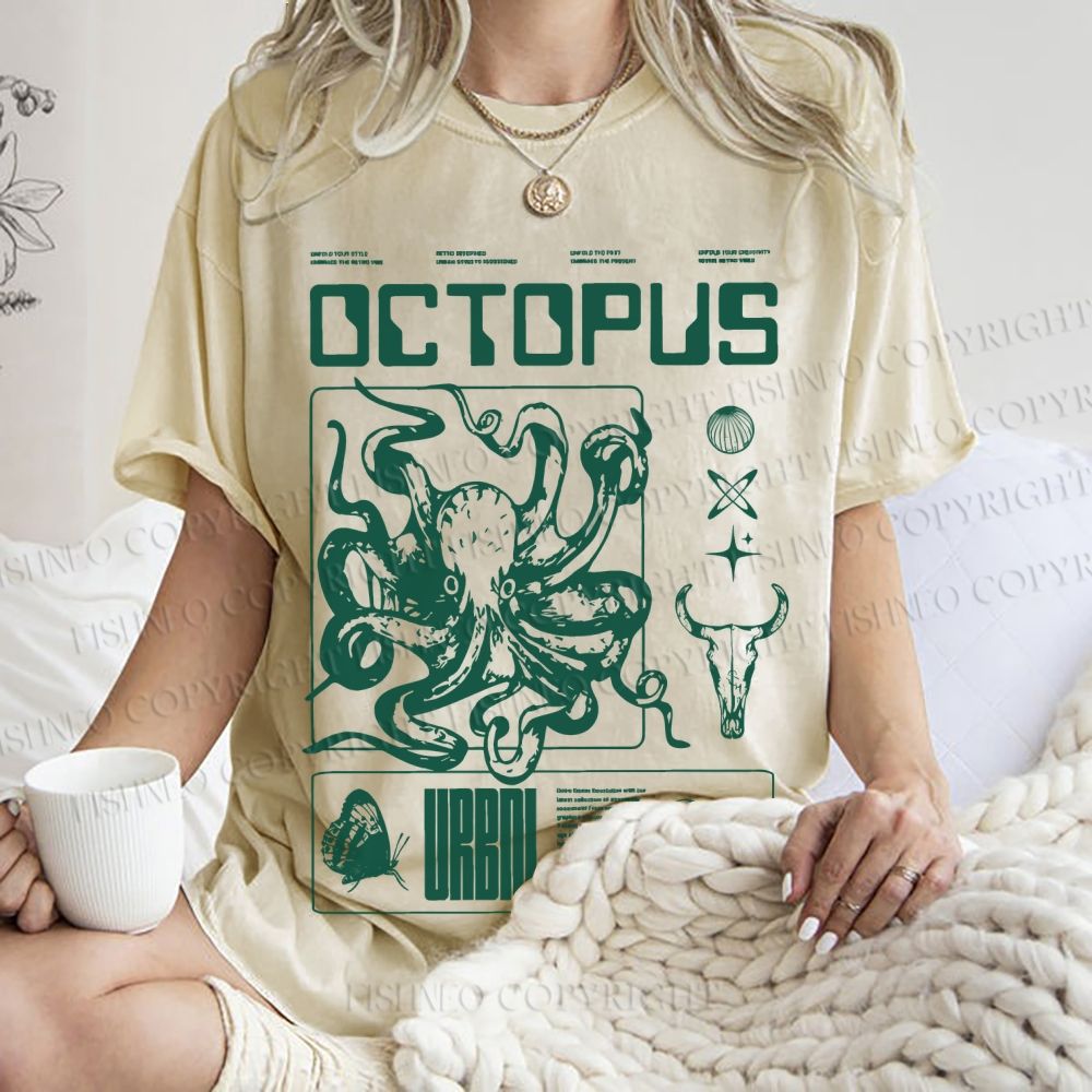 Unisex Vintage Octopus Printed Washed Tee