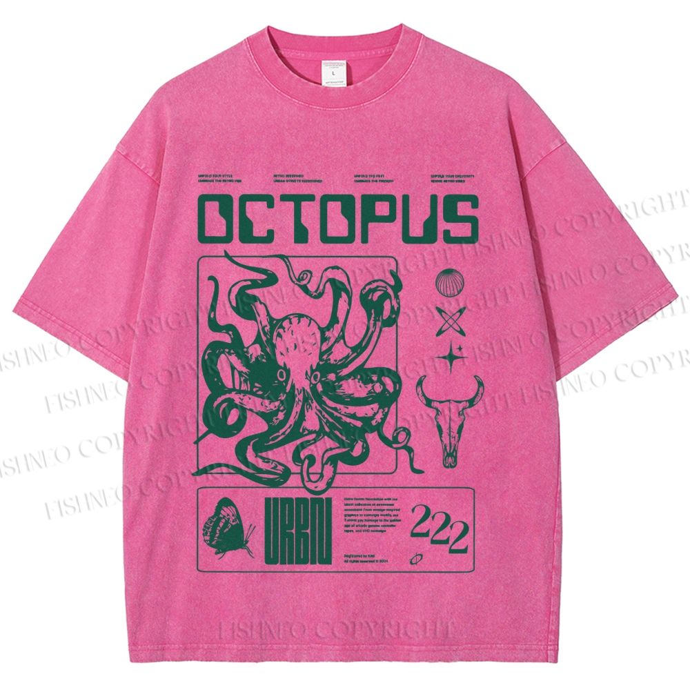 Unisex Vintage Octopus Printed Washed Tee