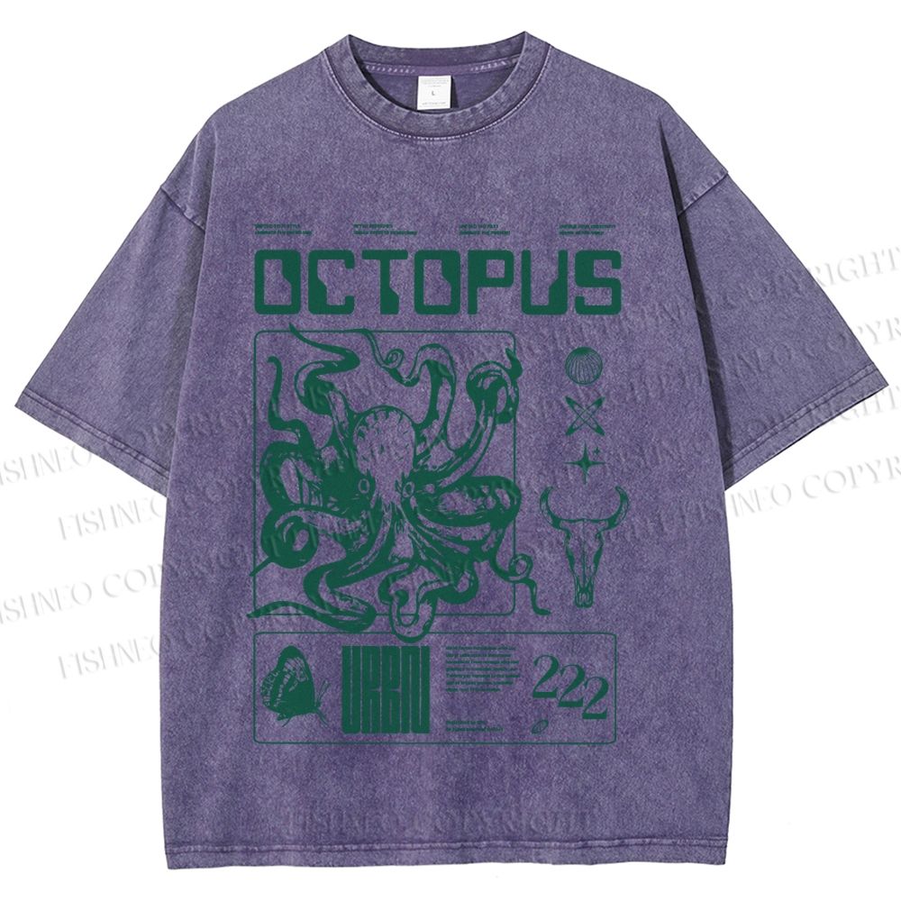 Unisex Vintage Octopus Printed Washed Tee