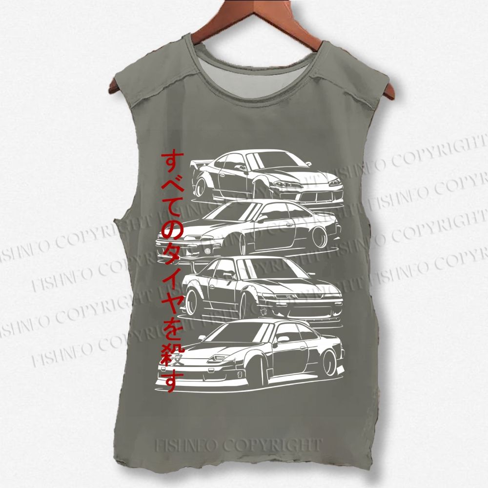 Unisex Japanese Sports Car Printed Washed Tank Top
