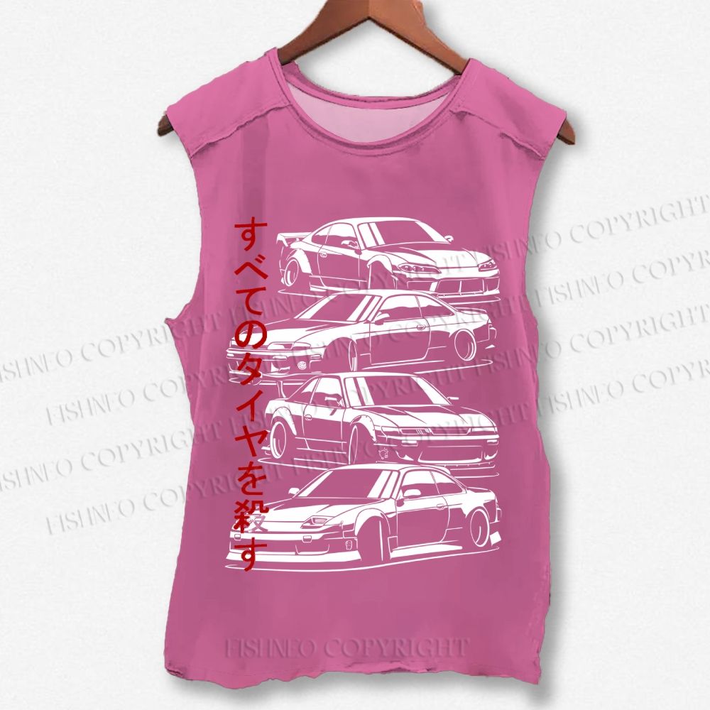 Unisex Japanese Sports Car Printed Washed Tank Top