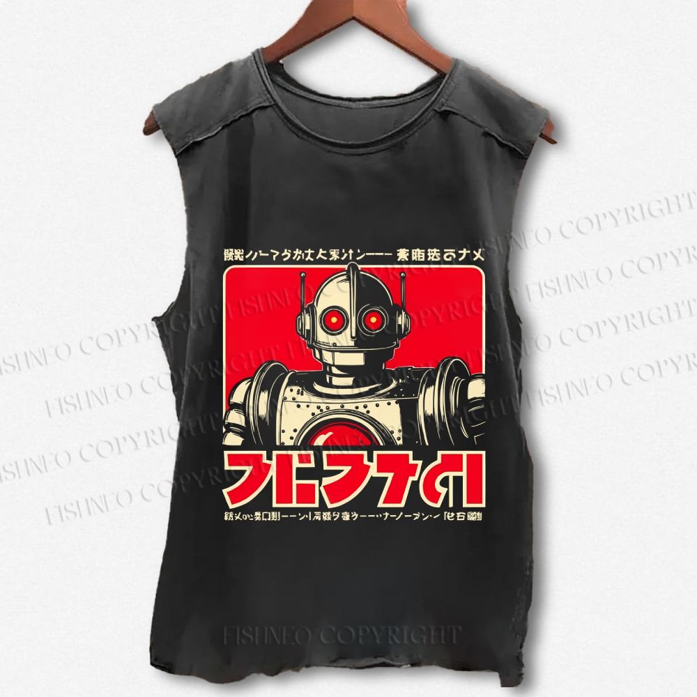 Unisex Vintage Robot Printed Washed Tank Top