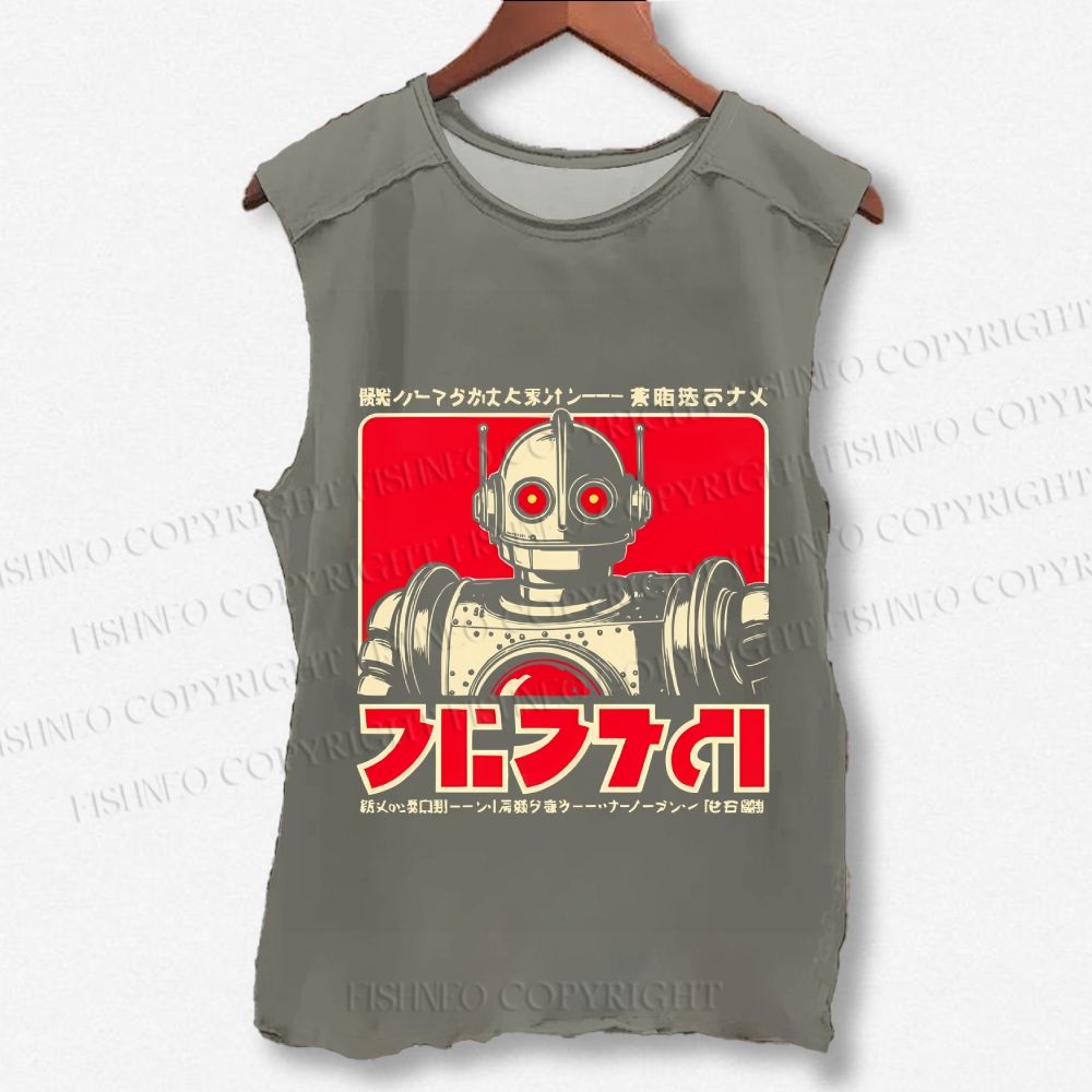 Unisex Vintage Robot Printed Washed Tank Top