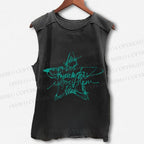Unisex Vintage Star Letter Graffiti Printed Washed Tank Top