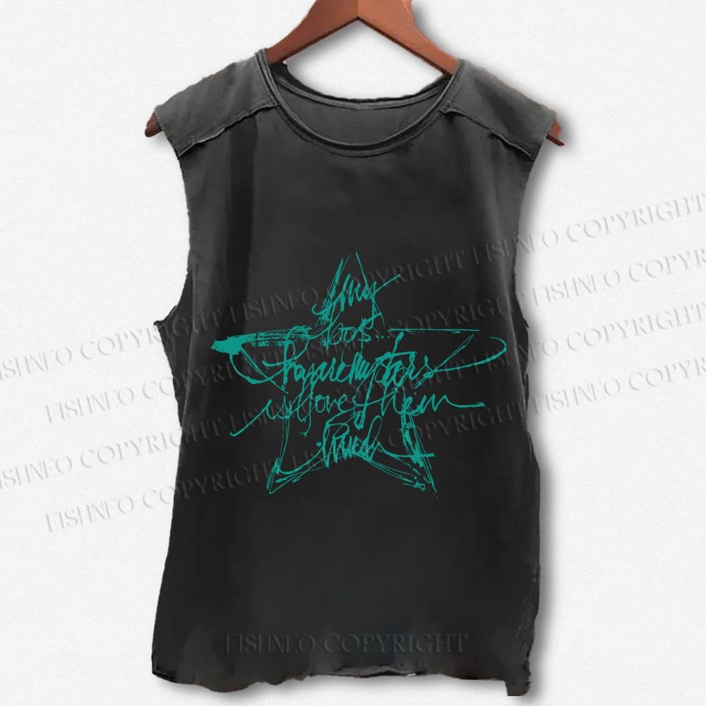 Unisex Vintage Star Letter Graffiti Printed Washed Tank Top