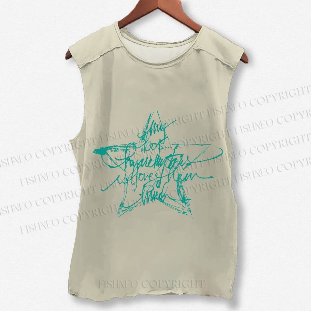 Unisex Vintage Star Letter Graffiti Printed Washed Tank Top