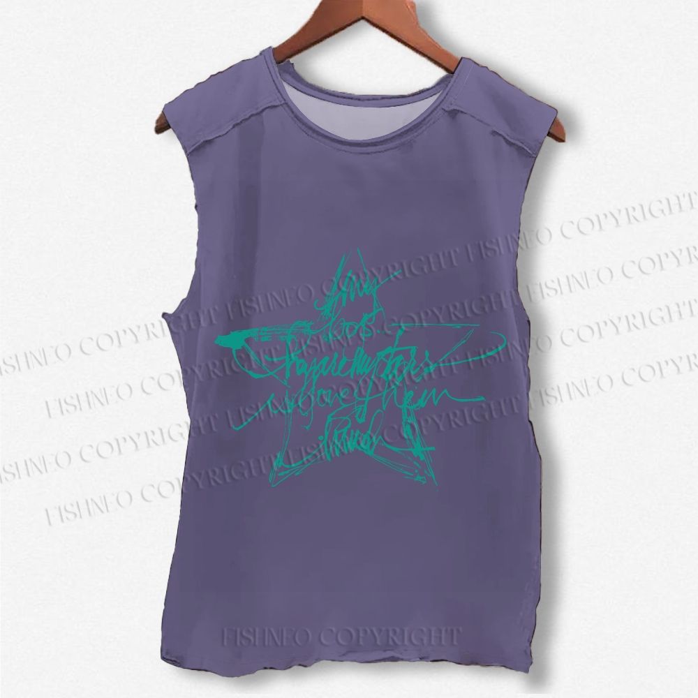 Unisex Vintage Star Letter Graffiti Printed Washed Tank Top
