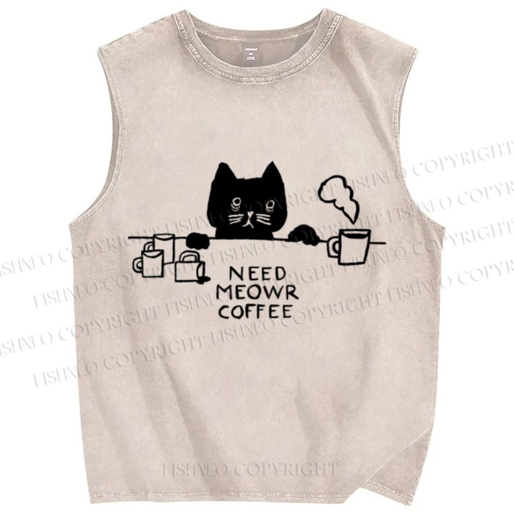 Unisex Need Meow Coffee Cat Printed Washed Tank Top