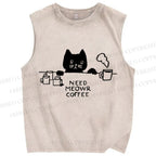 Unisex Need Meow Coffee Cat Printed Washed Tank Top