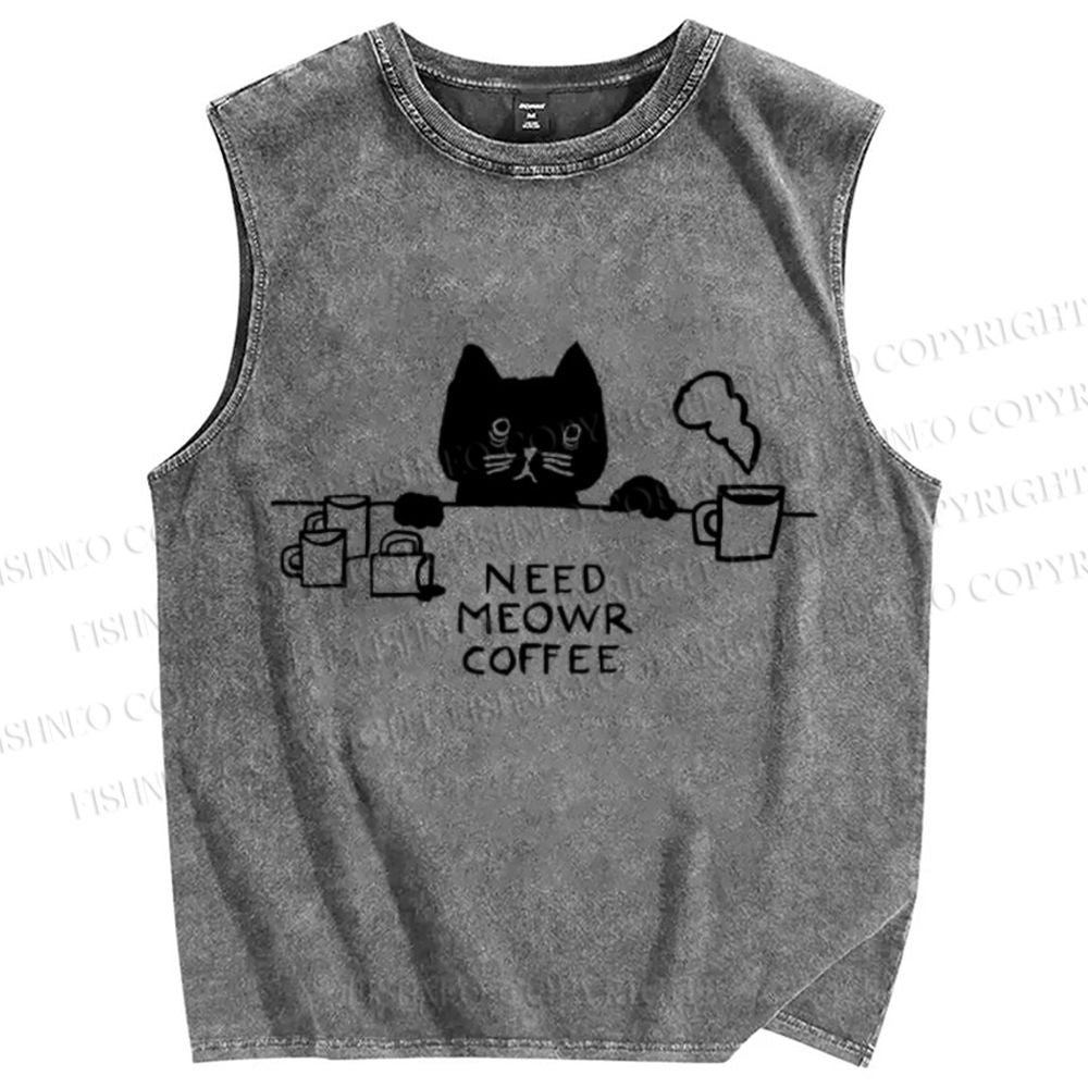 Unisex Need Meow Coffee Cat Printed Washed Tank Top
