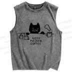 Unisex Need Meow Coffee Cat Printed Washed Tank Top