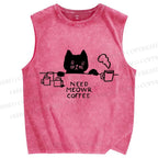 Unisex Need Meow Coffee Cat Printed Washed Tank Top