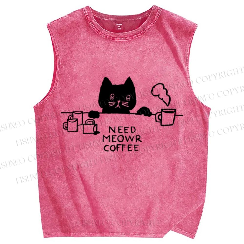 Unisex Need Meow Coffee Cat Printed Washed Tank Top