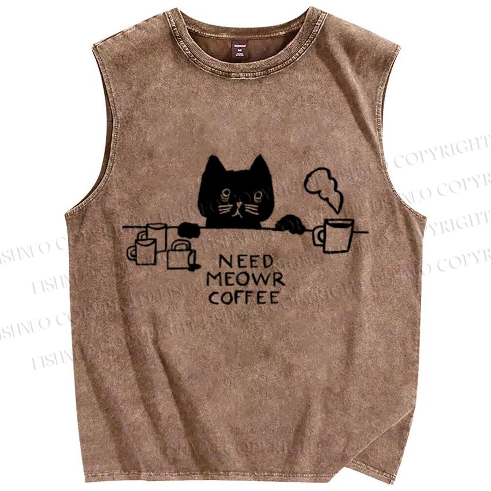 Unisex Need Meow Coffee Cat Printed Washed Tank Top