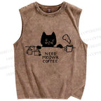 Unisex Need Meow Coffee Cat Printed Washed Tank Top