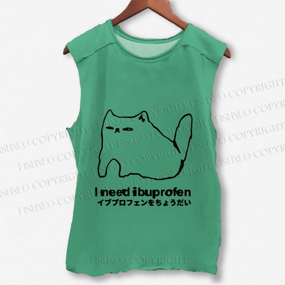 Unisex I need ibuprofen Cat Vintage Printed Washed Tank Top