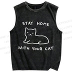 Unisex Stay Home With Your Cat Printed Washed Tank Top