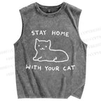 Unisex Stay Home With Your Cat Printed Washed Tank Top