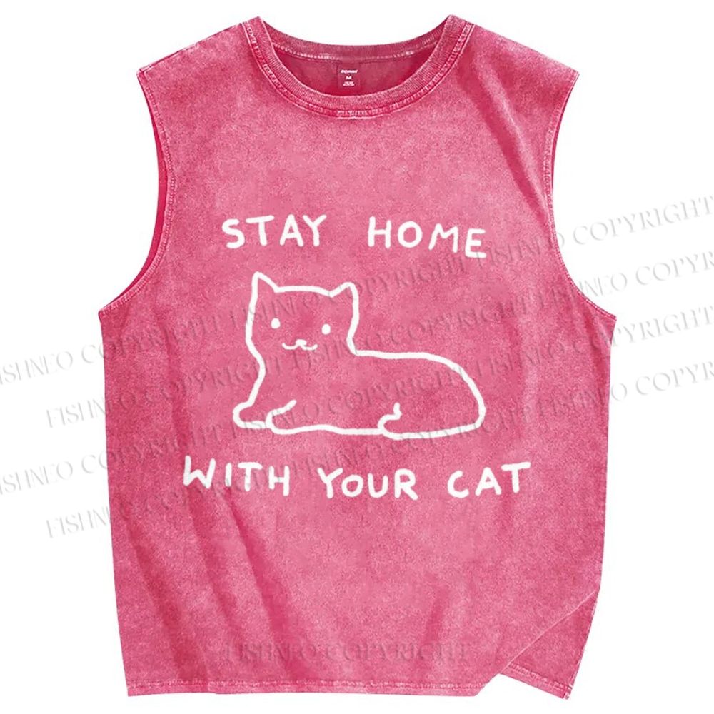 Unisex Stay Home With Your Cat Printed Washed Tank Top