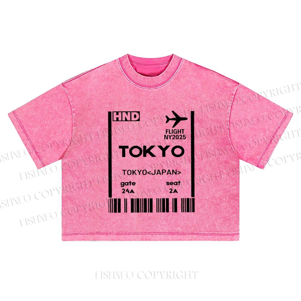 Tokyo Boarding Card Vintage Washed Cropped T-Shirt