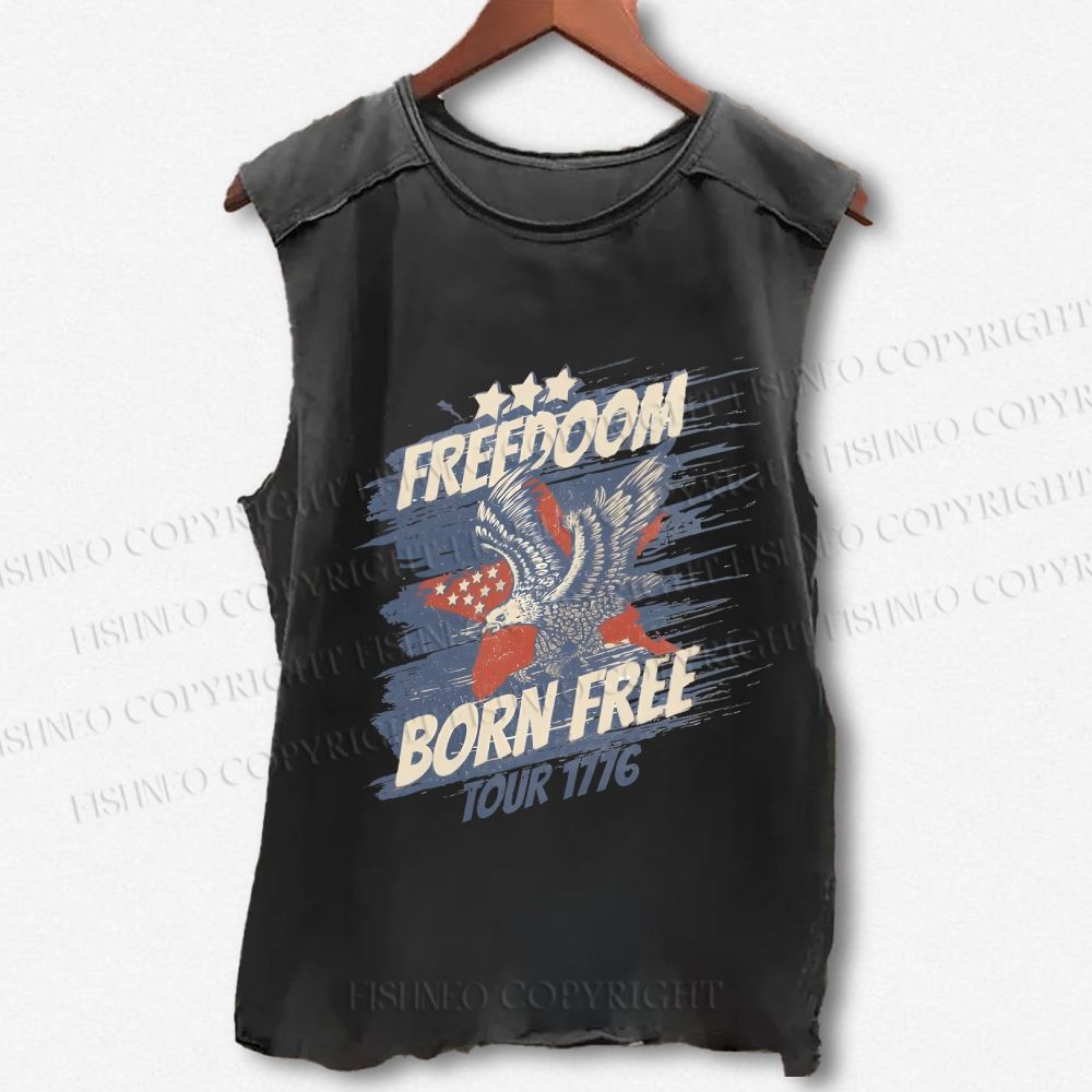 Unisex Vintage Eagle Born Free Independence Day Printed Washed Tank Top