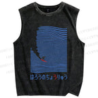 Unisex Japanese Wave Surfing Printed Washed Tank Top