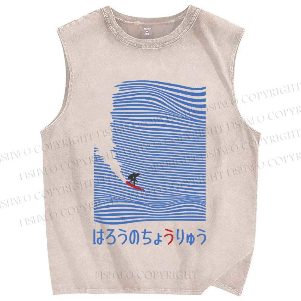 Unisex Japanese Wave Surfing Printed Washed Tank Top
