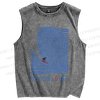 Unisex Japanese Wave Surfing Printed Washed Tank Top