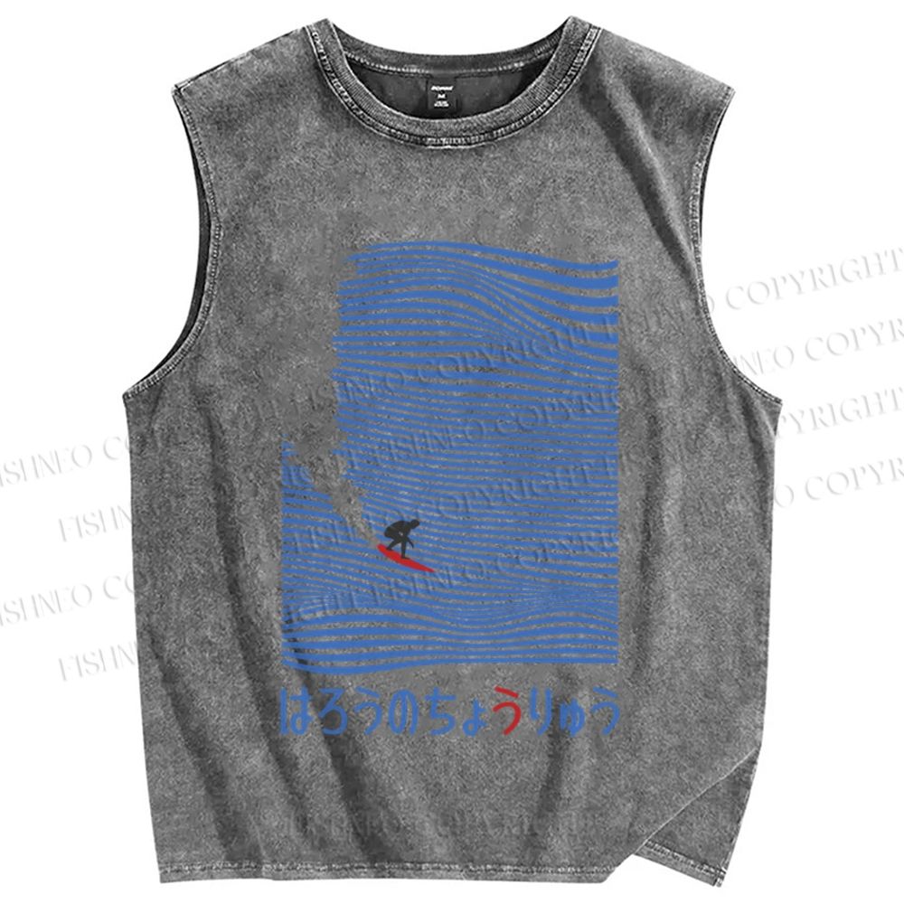 Unisex Japanese Wave Surfing Printed Washed Tank Top