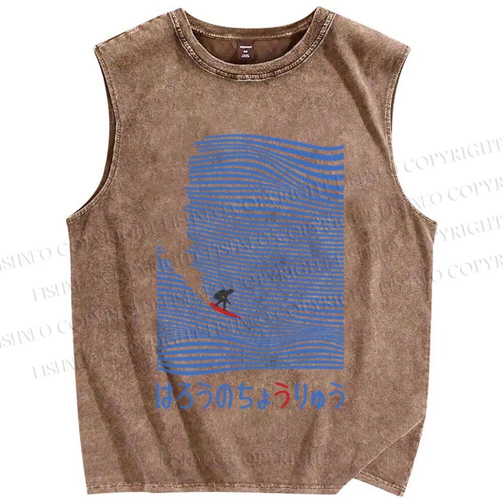 Unisex Japanese Wave Surfing Printed Washed Tank Top