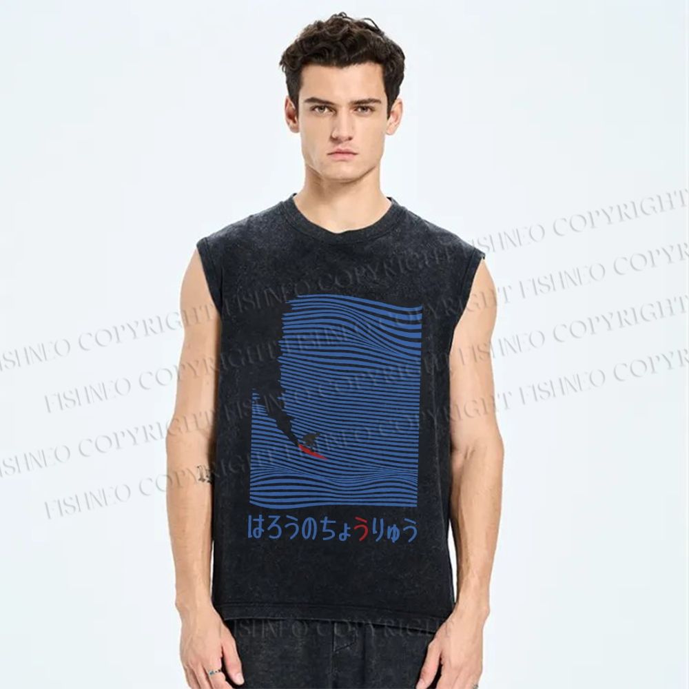 Unisex Japanese Wave Surfing Printed Washed Tank Top