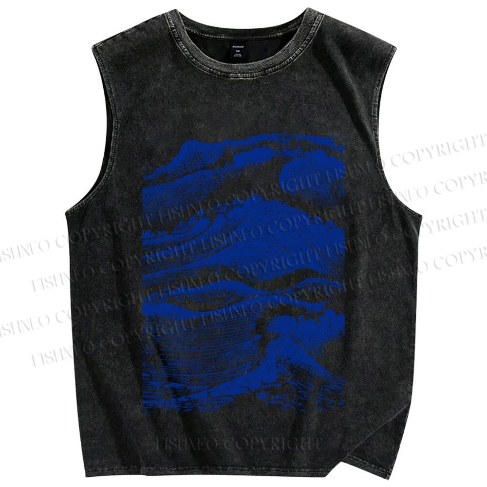 Unisex Vintage Japanese Wave Printed Washed Tank Top